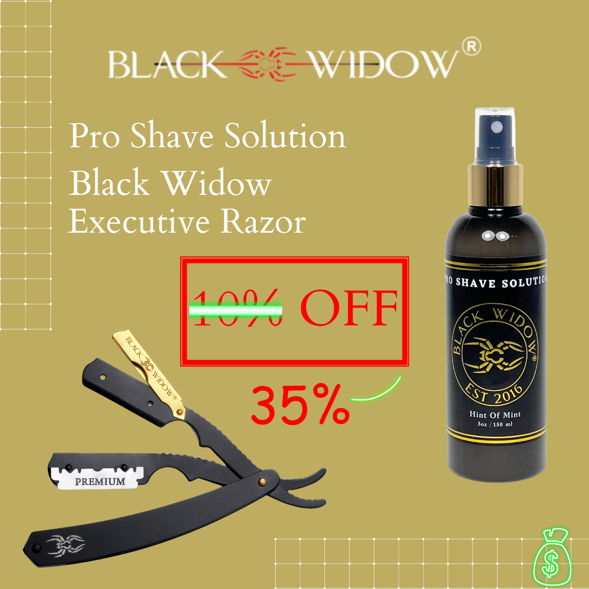 Black Widow Executive Straight Razor  + Pro Shave Solution - Package Bundle