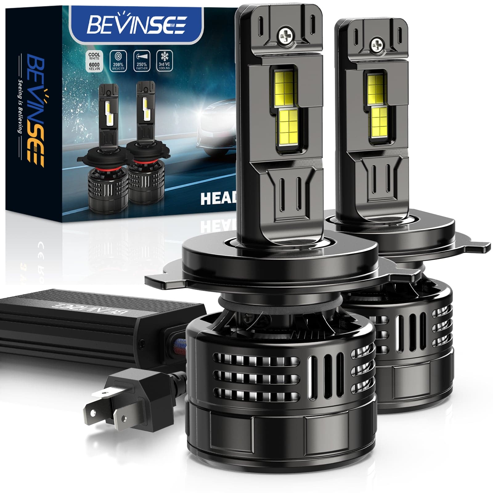 BEVINSEE V55 Upgrade H4/9003 LED Headlight Bulb 150W/Pair 28,000 LM 6000K