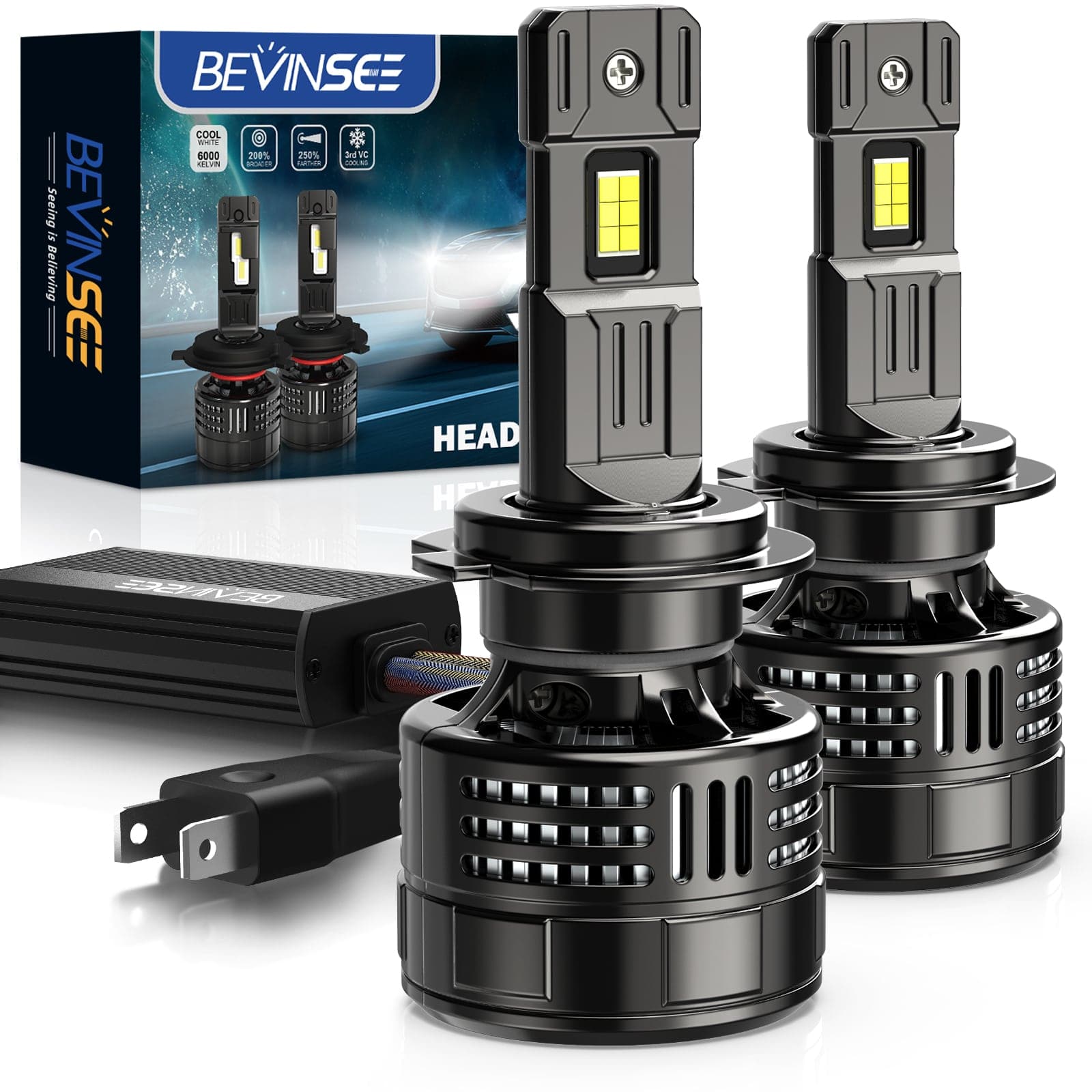 BEVINSEE V55 Upgrade H7 LED Headlight Bulb 150W/Pair 700% Bighter than Halogen