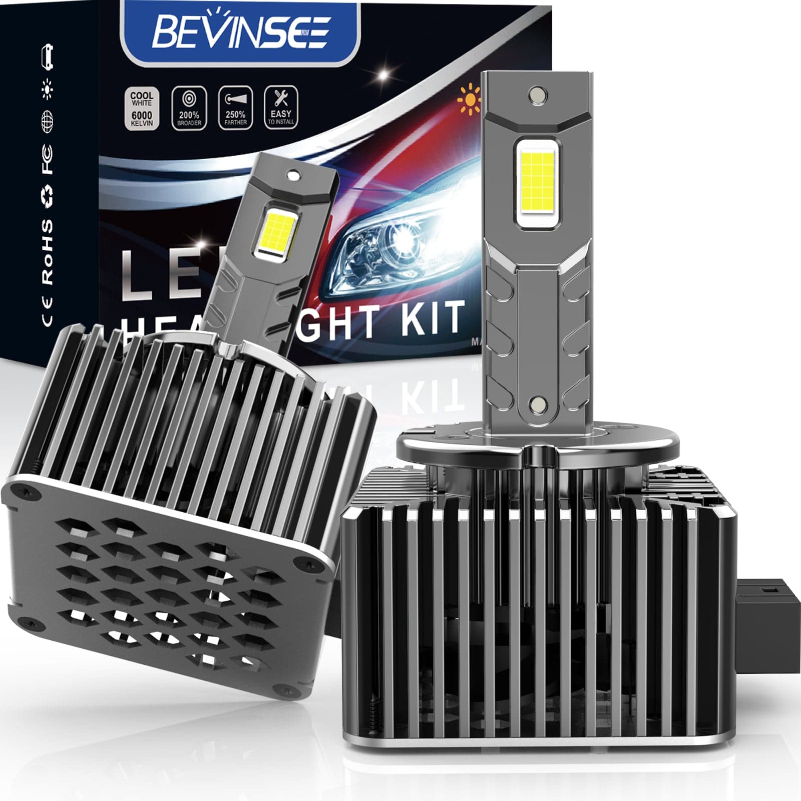 BEVINSEE D1S/D1R LED Headlight Bulbs 7000LM/pair 6000K White