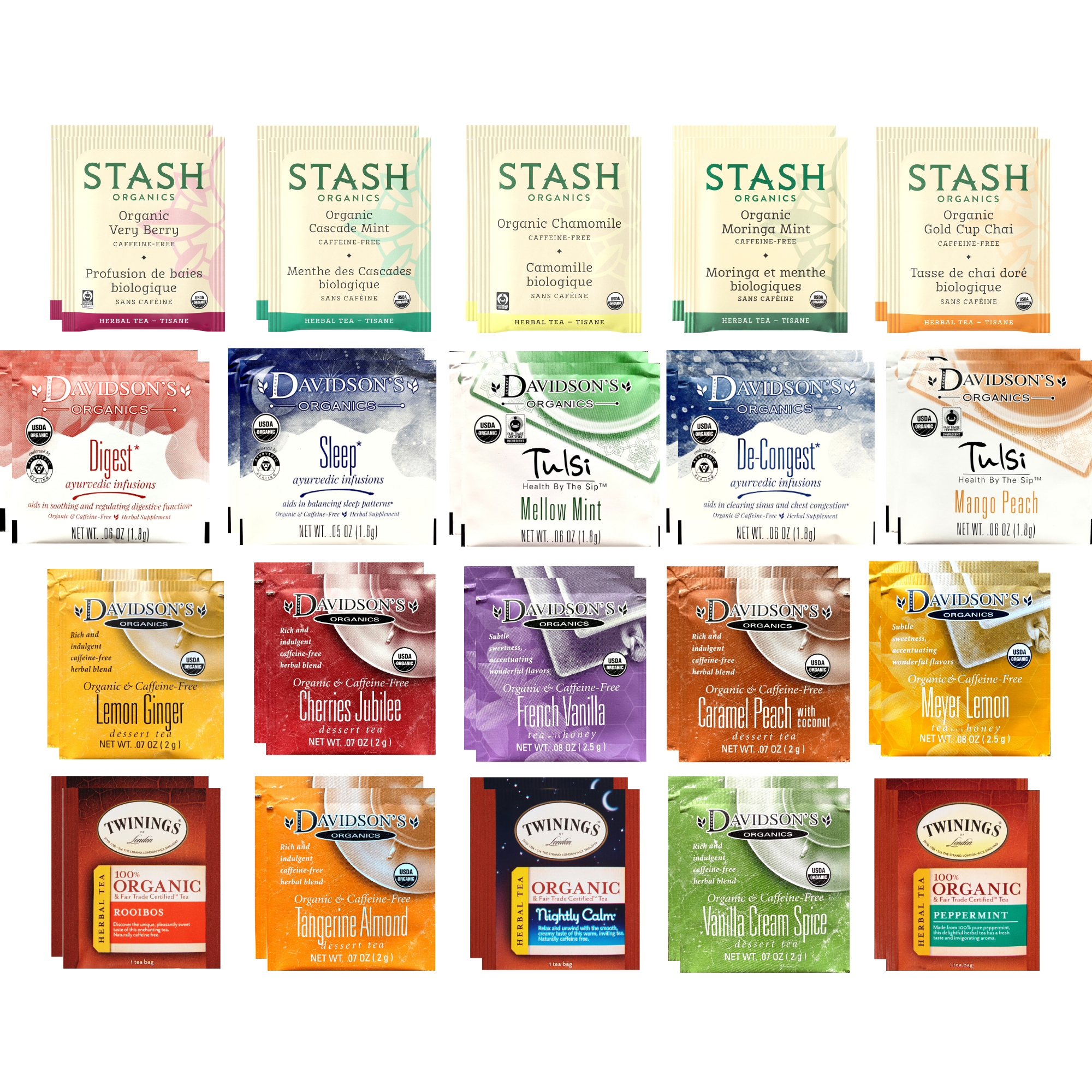 Organic Herbal Tea Bags Sampler - Twinings, Stash, Davidsons - 40 Ct, 20 Flavors