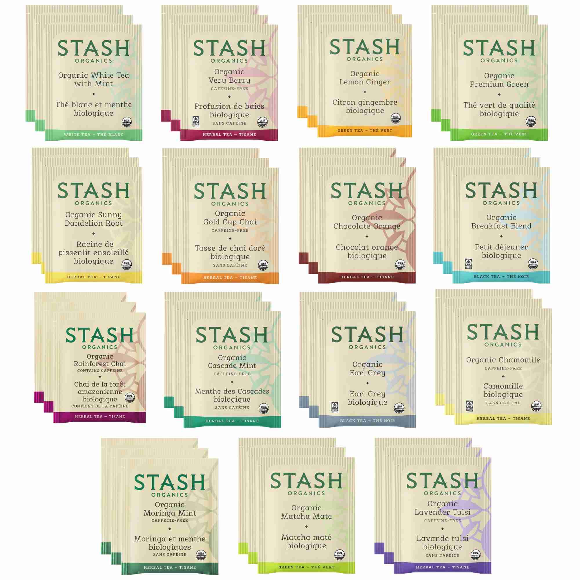 Organic Stash Tea Bags Sampler - Caffeinated and Herbal Set - 45 Ct, 15 Flavors