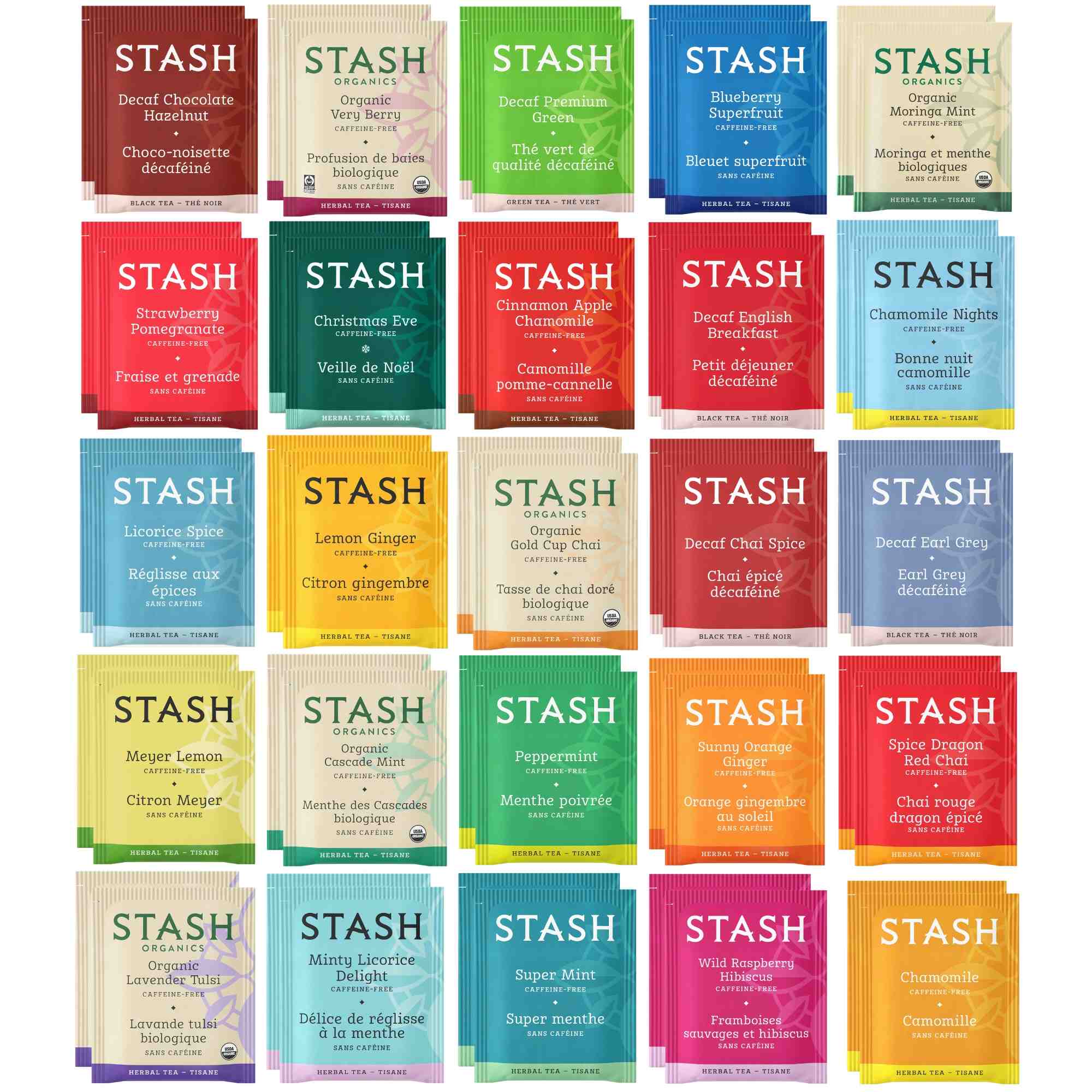 Stash Herbal and Decaf Tea Bags Sampler Set - Caffeine-Free Assortment - 50 Ct, 25 Flavors