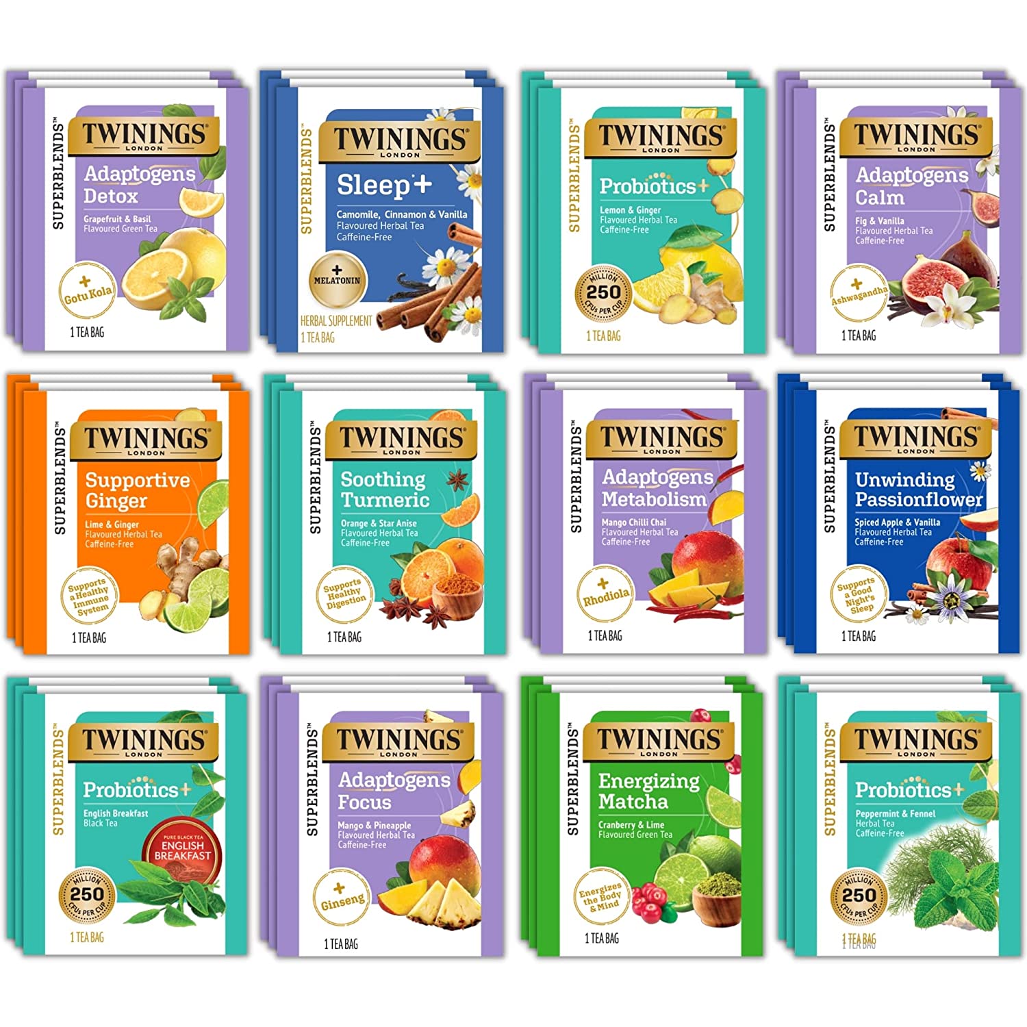 Twinings Wellness and Immunity Tea Bags Sampler Pack - Caffeine-Free and Caffeinated Assortment - 36 Count, 12 Flavors