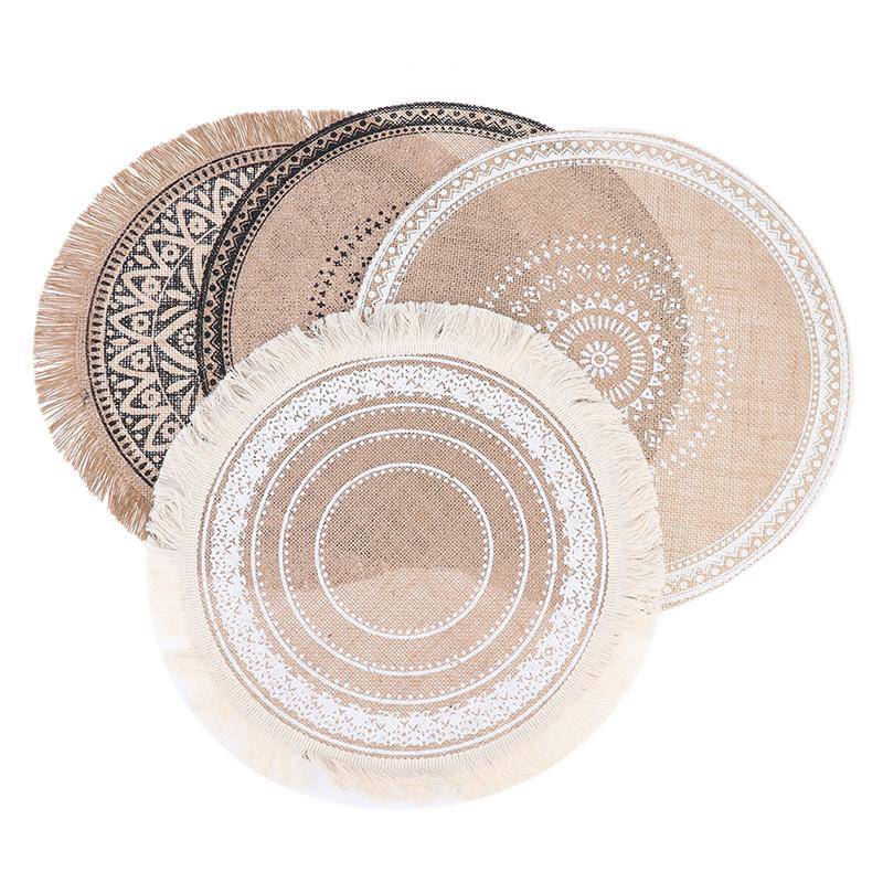 VENETIO 1Pc Creative Jute Table Placemats Resistant Heat Non-Slip Home Linen Fabric Washable Bowl Cup Mat