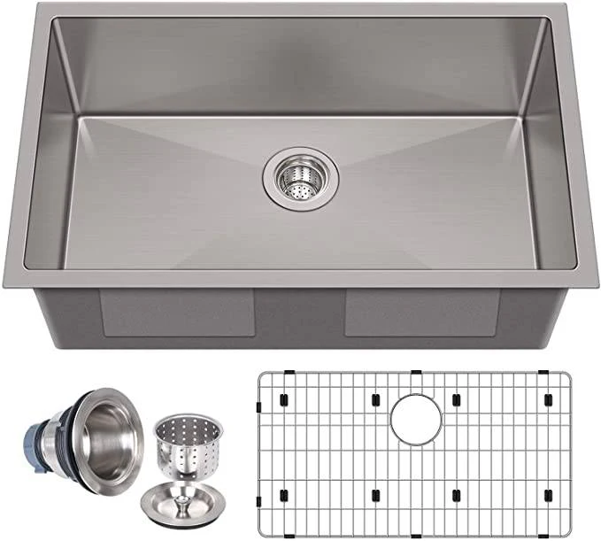 VENETIO 30" Undermount Stailess Steel Single Bowl Kitchen Sink, 16 Gauge with Strainer & Bottom Grid