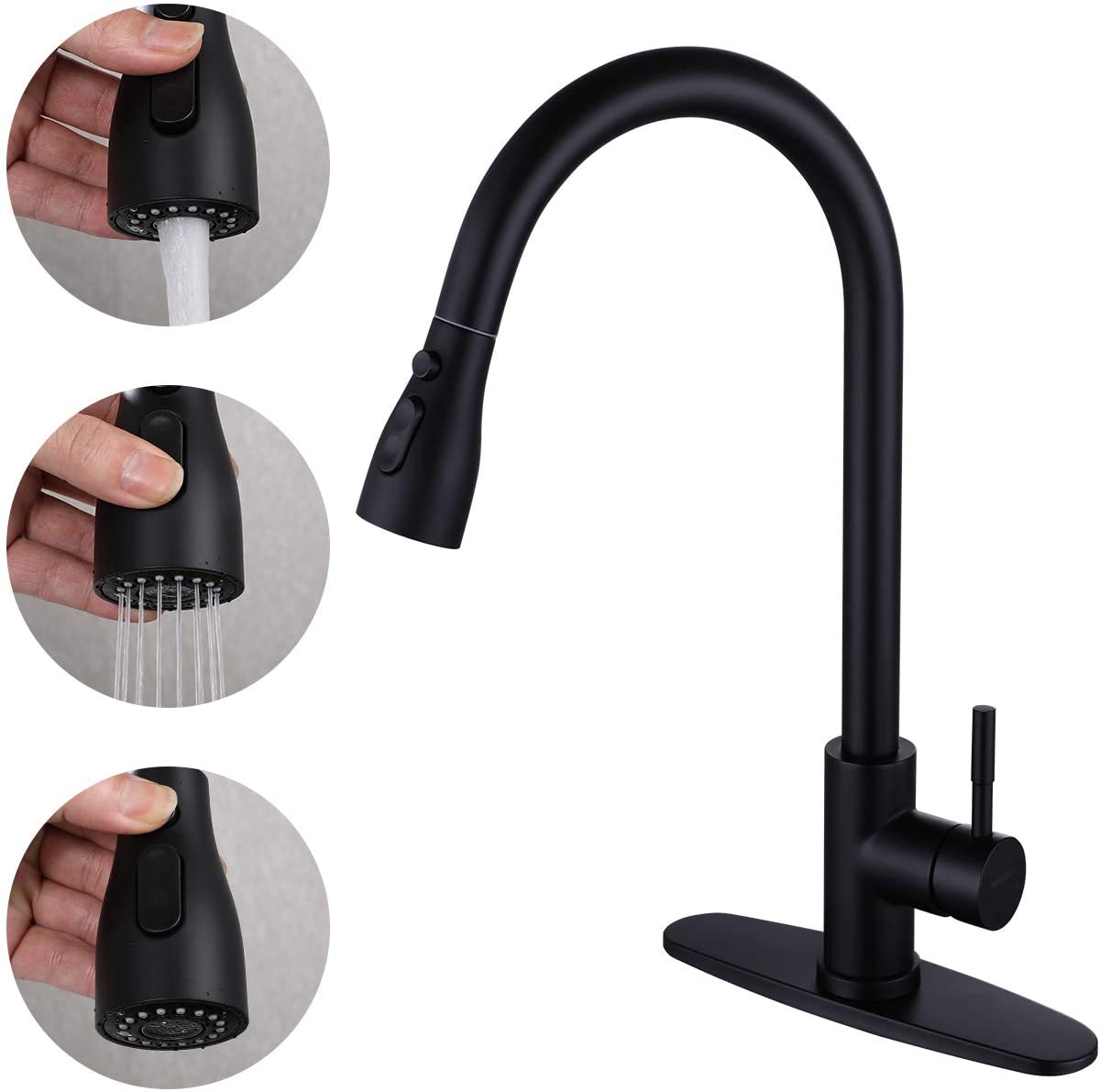 VENETIO Matte Black Kitchen Faucet, Single Hole Faucets for Kitchen Sinks, Stainless Steel Kitchen Sink Faucets with Pull Down Sprayer