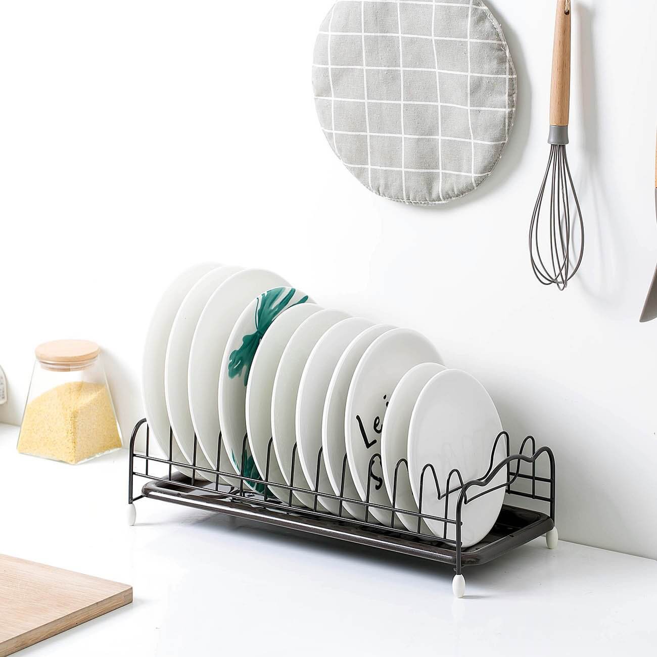 VENETIO Iron Powder Coating Kitchen Dish Drying Rack Holder with Tray for Flat Plate