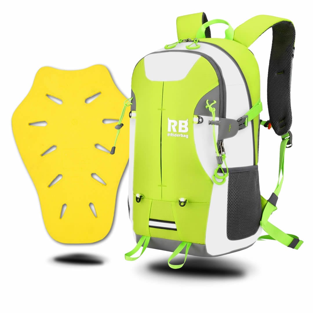 Riderbag Motorcycle Backpack Combo Hi Vis Green 35L + ce level 2 back protector