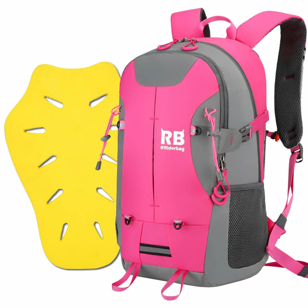 Riderbag Motorcycle Backpack Combo Hi Vis Pink 35L + Ce level 2 back protector