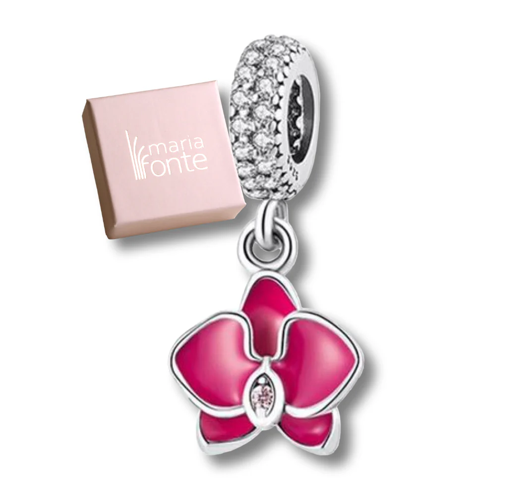 MariaFonte Charm Orchidea Rosa Argento 925 con Zirconia Compatibile con Collane e Bracciali Pandora