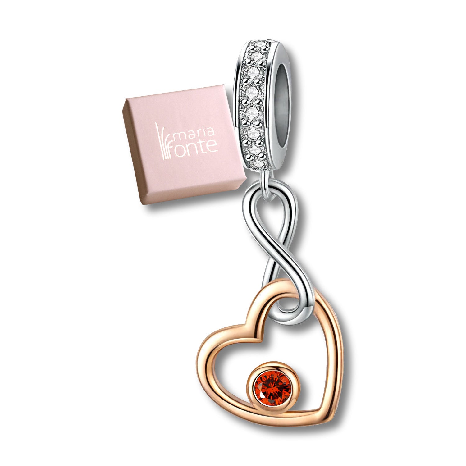 Maria Fonte Charm Cuore Rosa Corallo Rosso Infinito Argento 925 Zirconia Compatibile con Collane e Bracciali Pandora