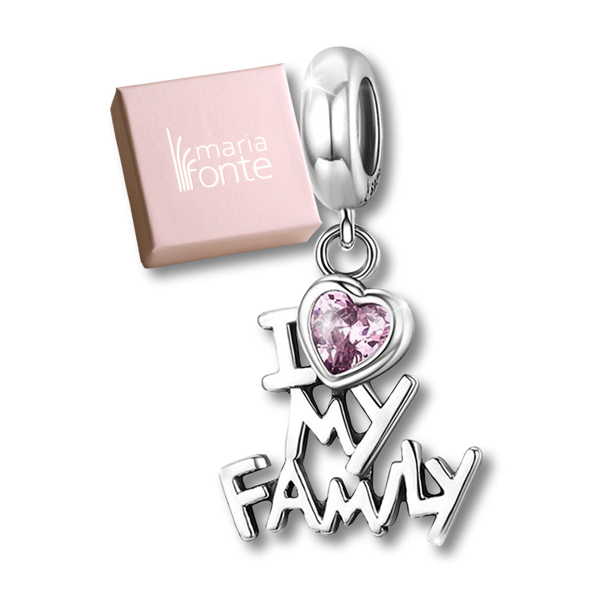 Maria Fonte-Bead Charm Ciondolo Amore della Famiglia (I Love Family) in Argento 925 con Zirconia Compatibile con Collane e Bracciali Pandora