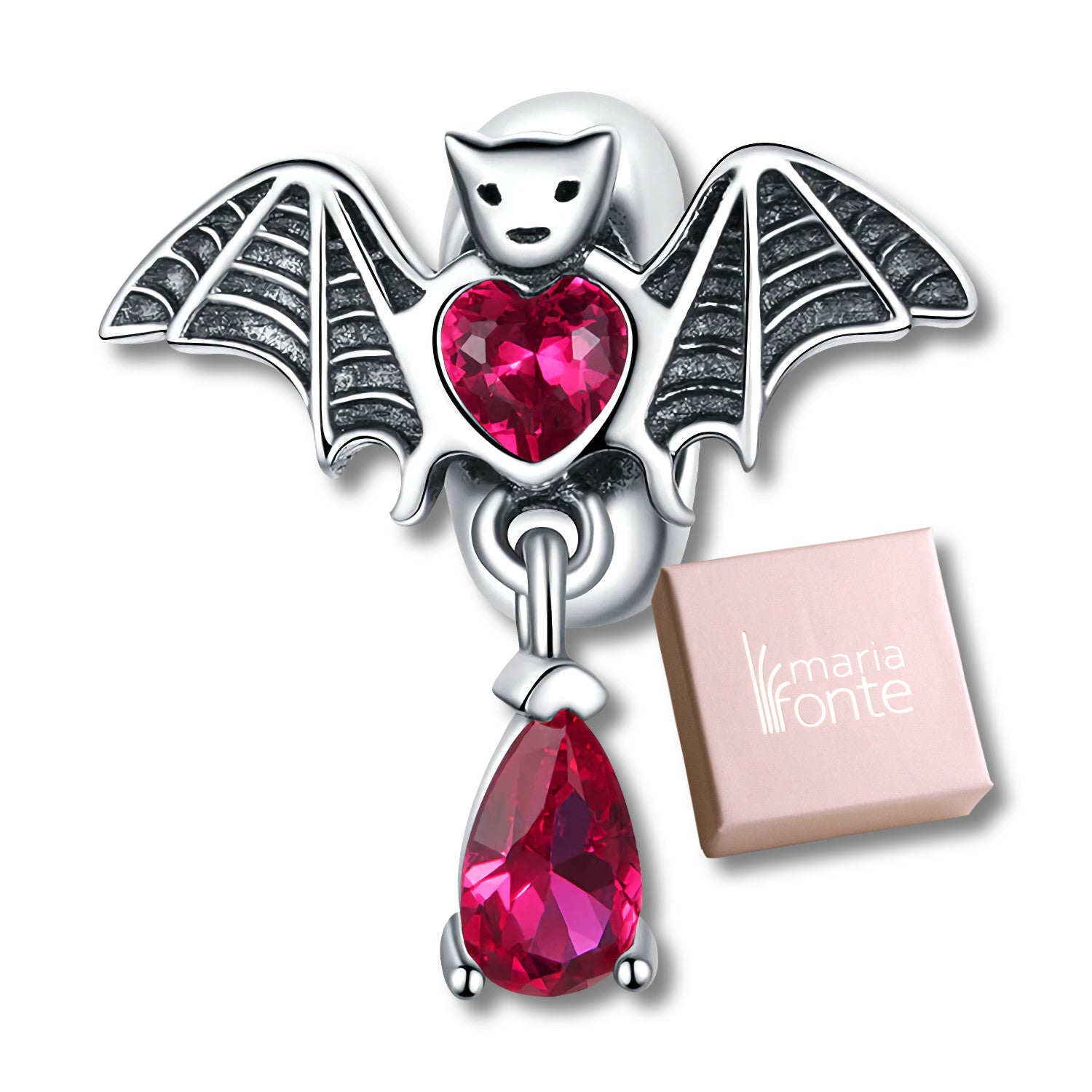 MariaFonte Charm Pipistrello Cuore Corallo Rosso Argento 925 Zirconia Compatibile con Collane e Bracciali Pandora