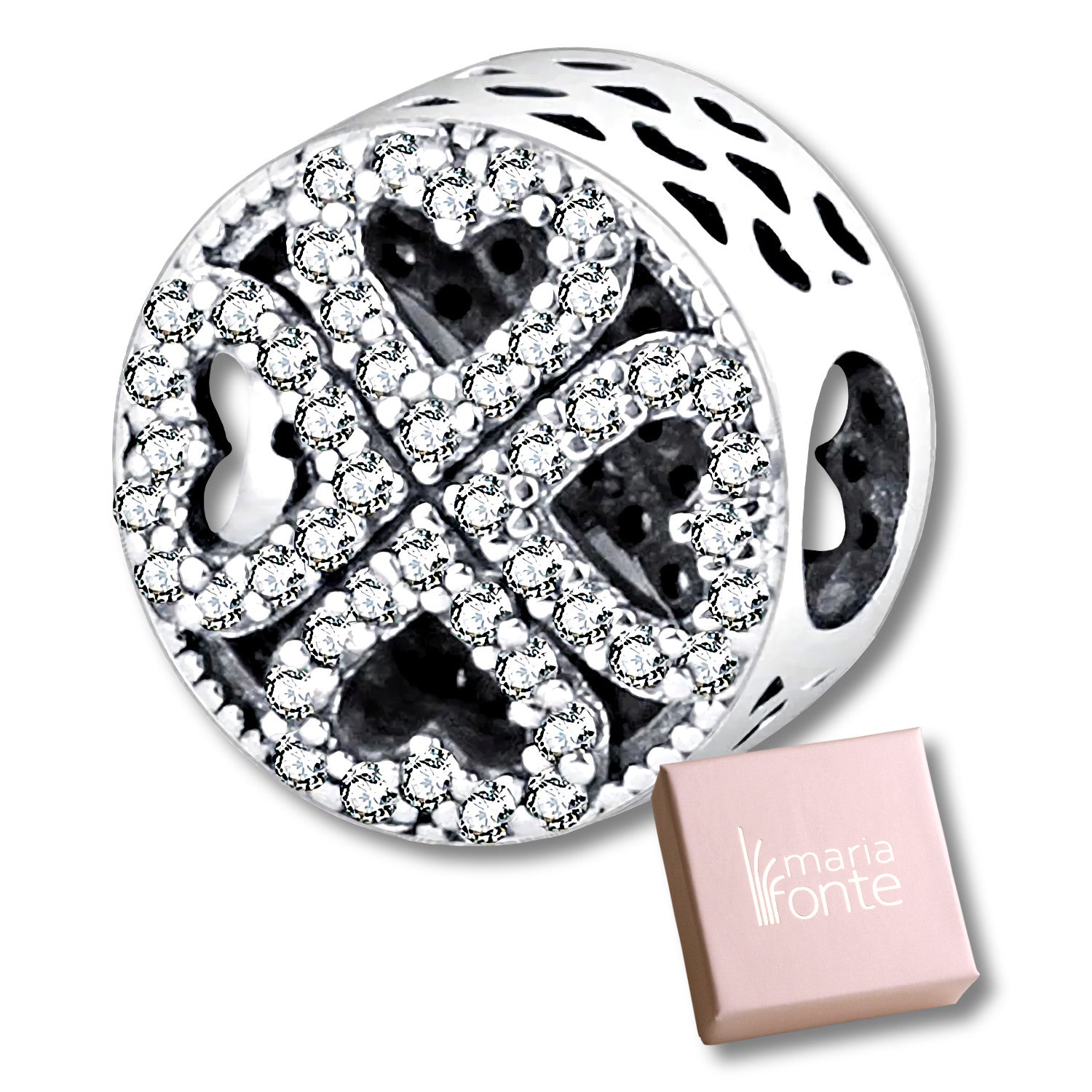 Maria Fonte Bead Charm Quadrifoglio Cuori Portafortuna Argento 925 Zirconia Compatibile con Collane e Bracciali Pandora