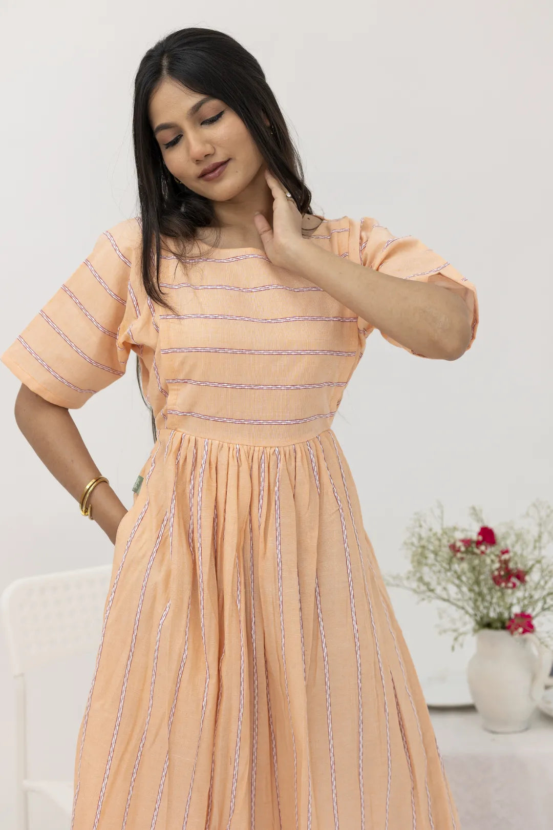 Peach Striped Cotton Nursing Dress