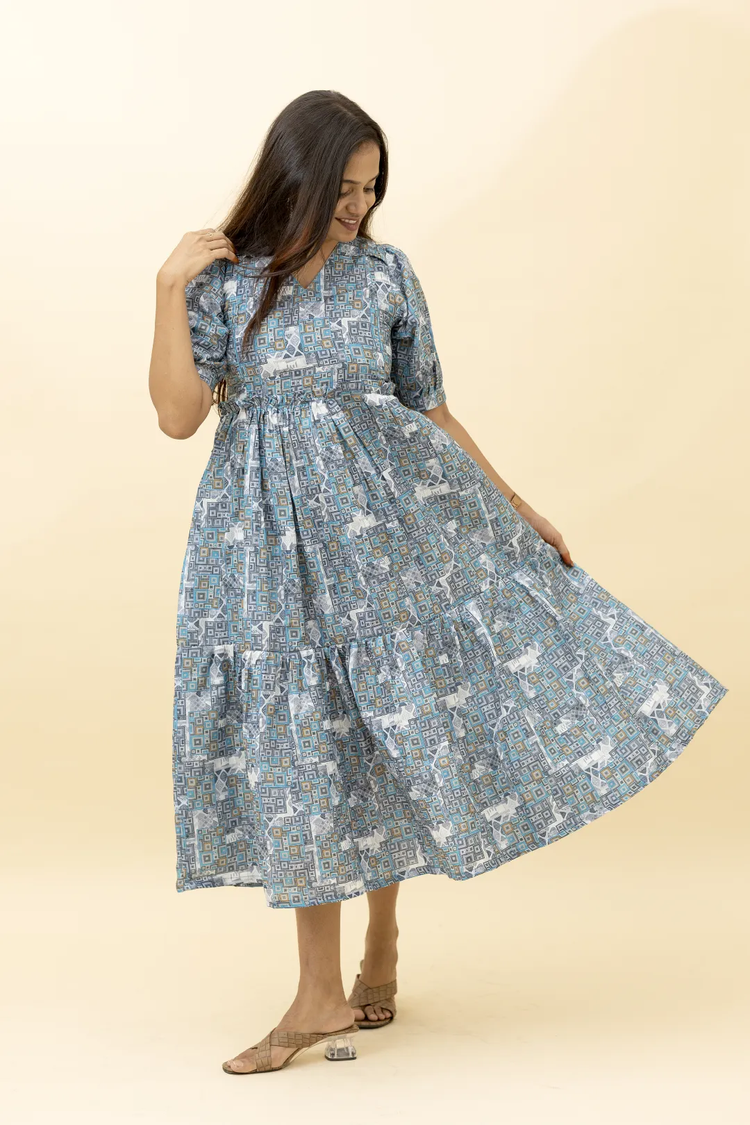 Blue Mossaic Tiered Maternity Maxi Dress
