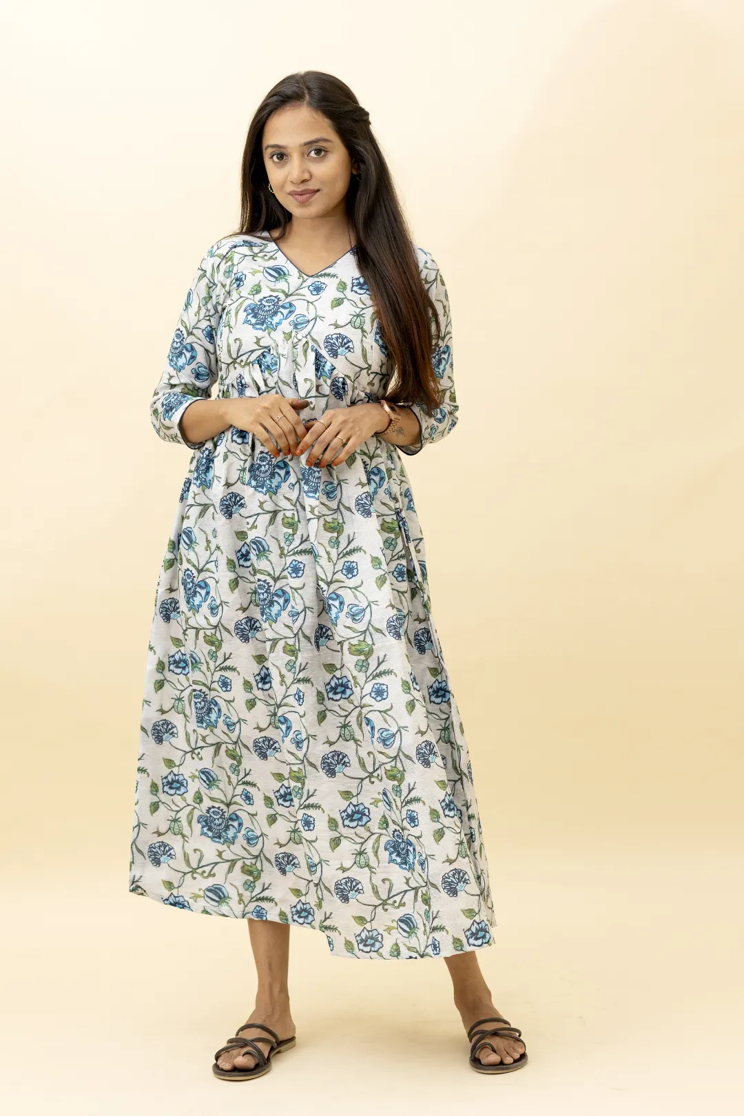 Blue and White Floral Nursing Alia Cut Dress
