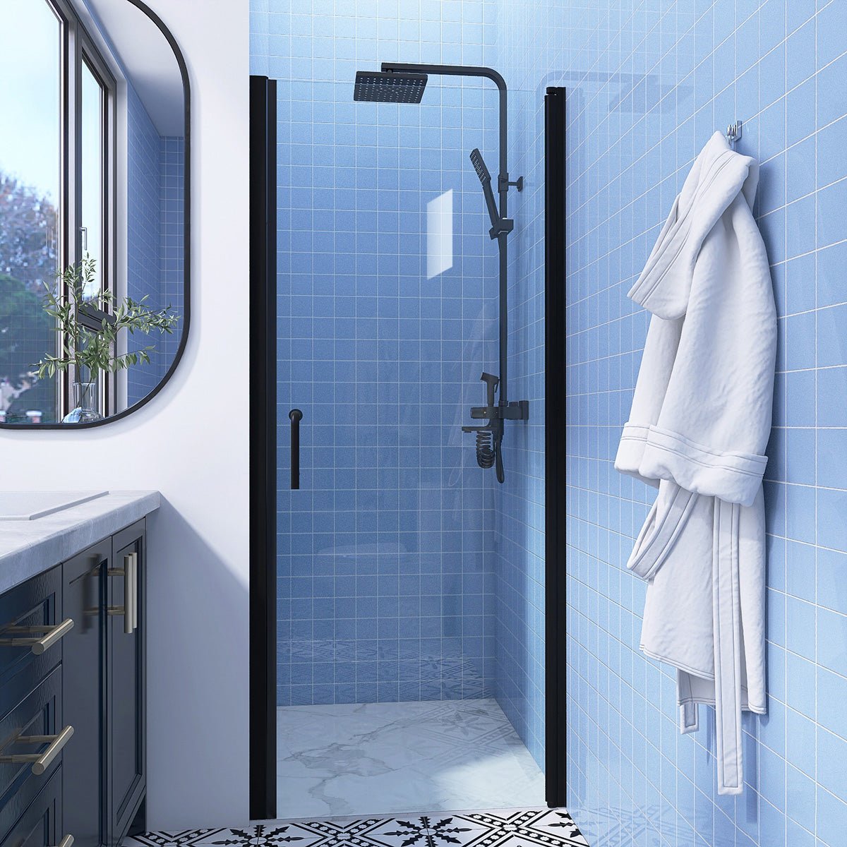 Classy 32-33 1/2" W x 72" H Pivot Shower Door Semi-Frameless Hinged in Matte Black Install Glass Shower Door