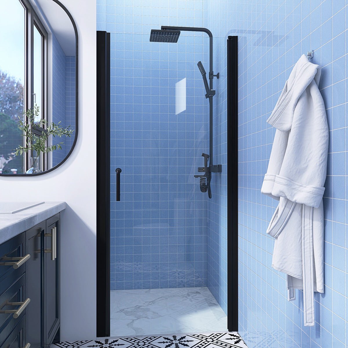 Classy 34-35 1/2" W x 72" H Hinged Pivot Semi-Frameless Shower Door Matte Black Install Glass Shower Door