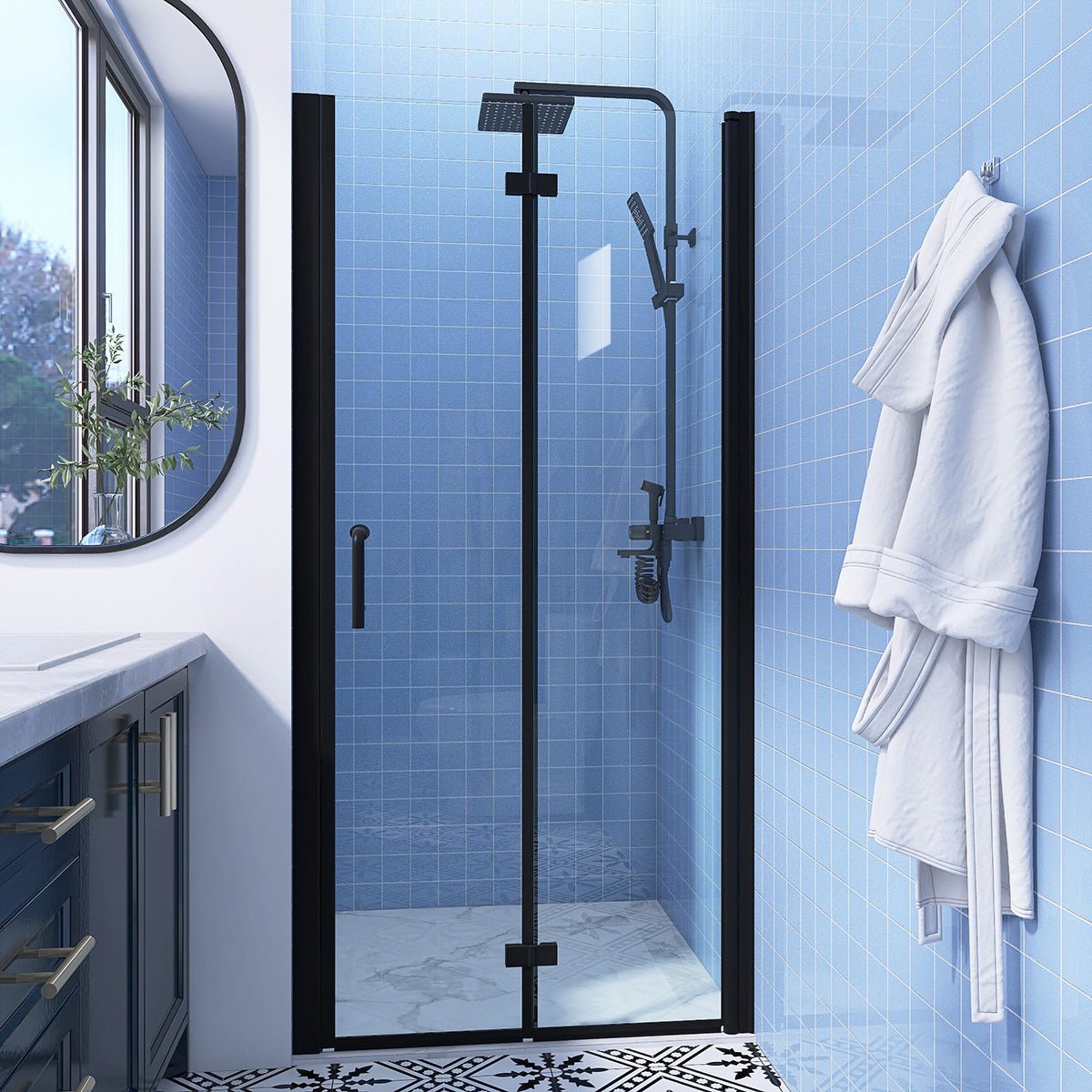 Adapt 36-37 1/2" W x 72" H Bifold Semi-Frameless Swing Shower Door in Black 36 Wide Shower Door