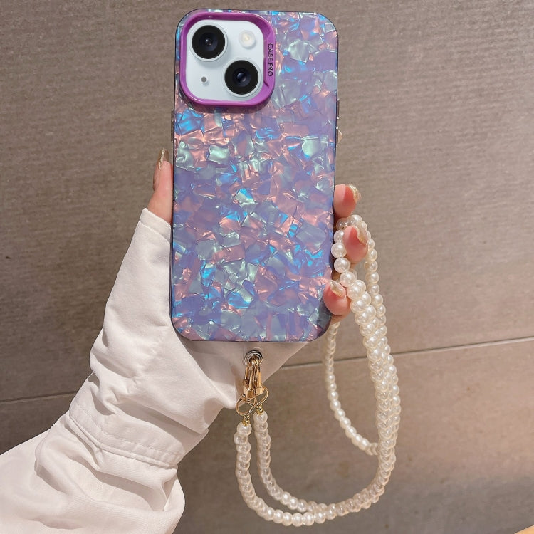 For iPhone 14 Plus Shell Texture Crossbody Pearl Chain TPU Hybrid Acrylic Phone Case(Purple)