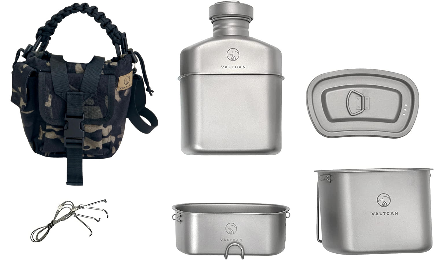 Valtcan Titanium EndurePro Canteen with Mess kit Water Bottle Set Hydrate for Survival 1.1L, 750ml, 400ml Lunchbox cup with lid and Carrying Case 350g