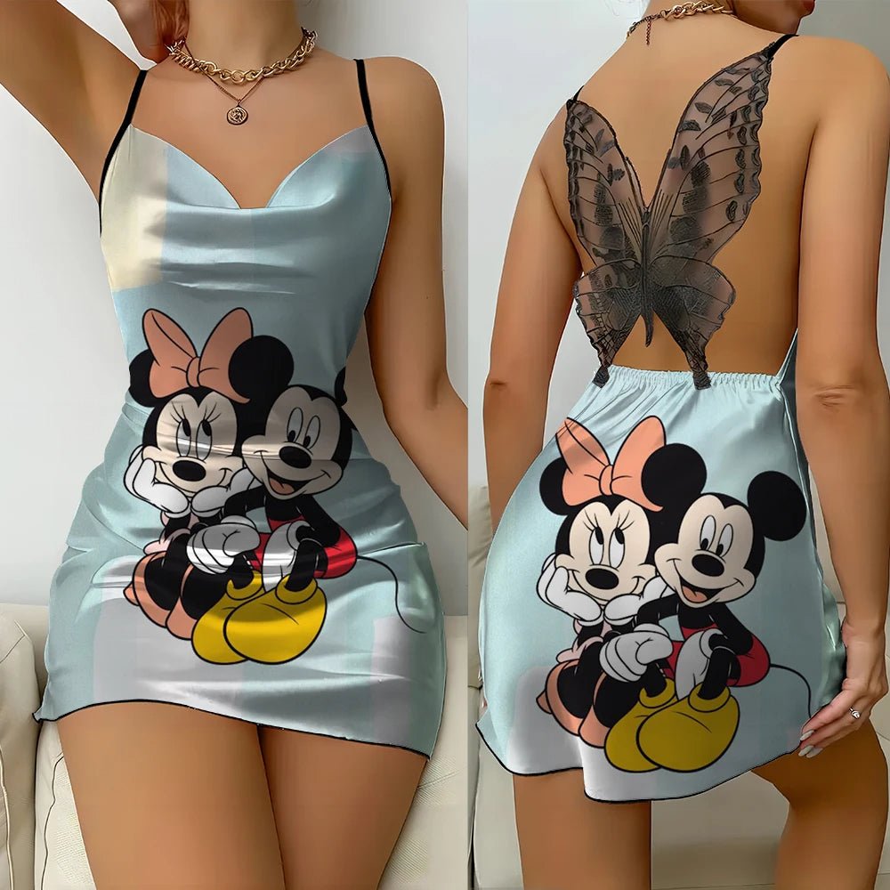 Cartoon Mickey Minnie Women Fashion Backless Lace Butterfly Nightdress Lettuce Edge