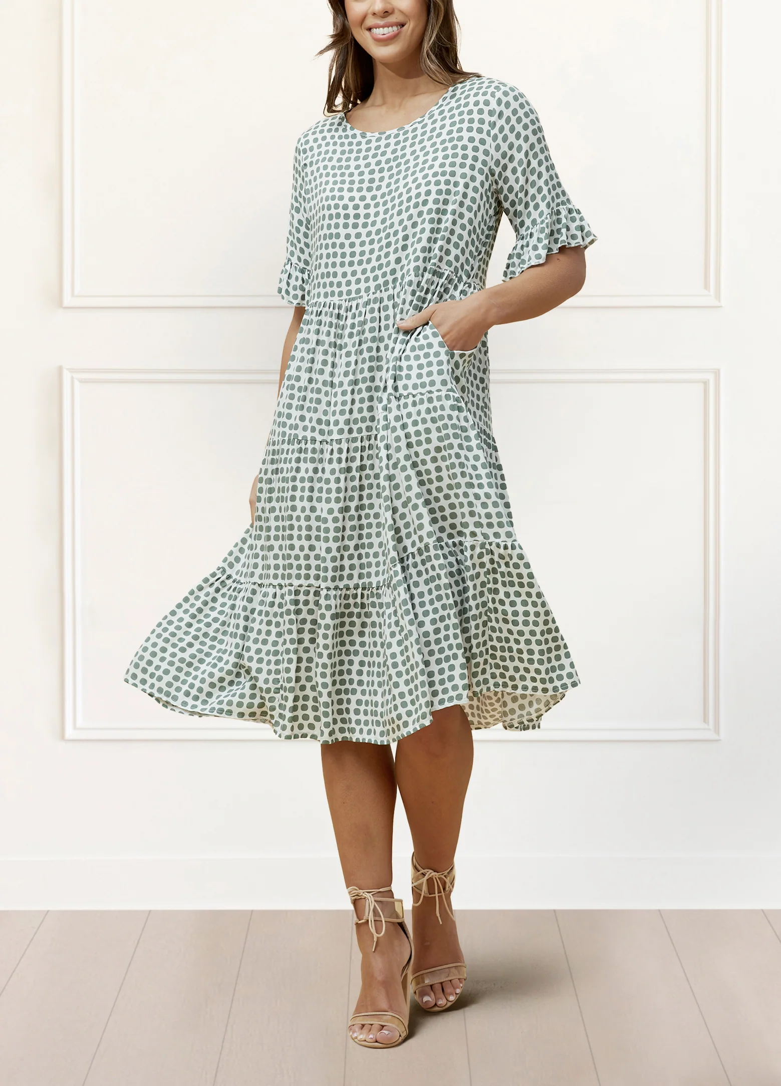 Vanessa Midi Dress A-Line Polka Dot Tiered Skirt