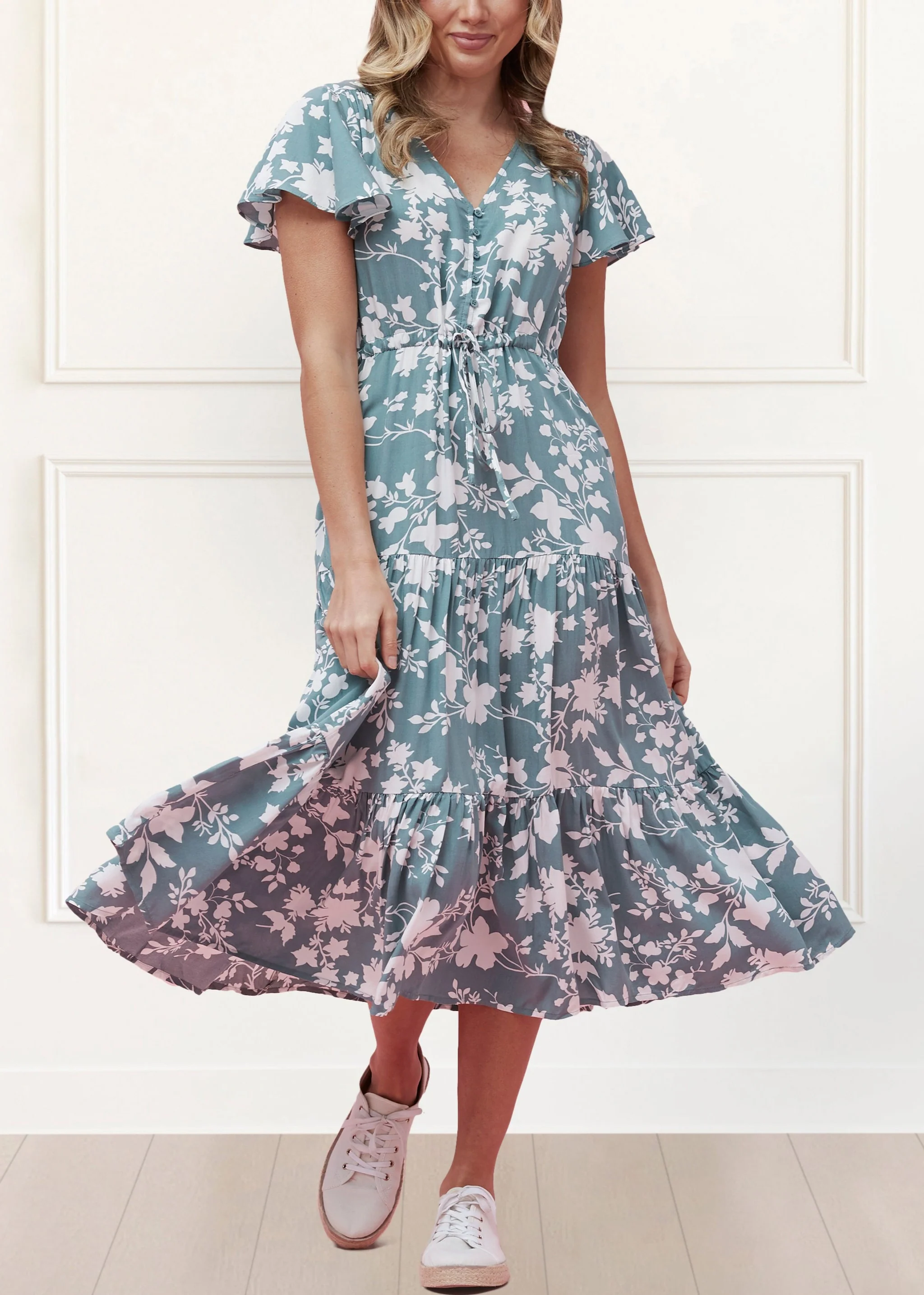 Agata Dress Fit & Flare Floral Tiered Green