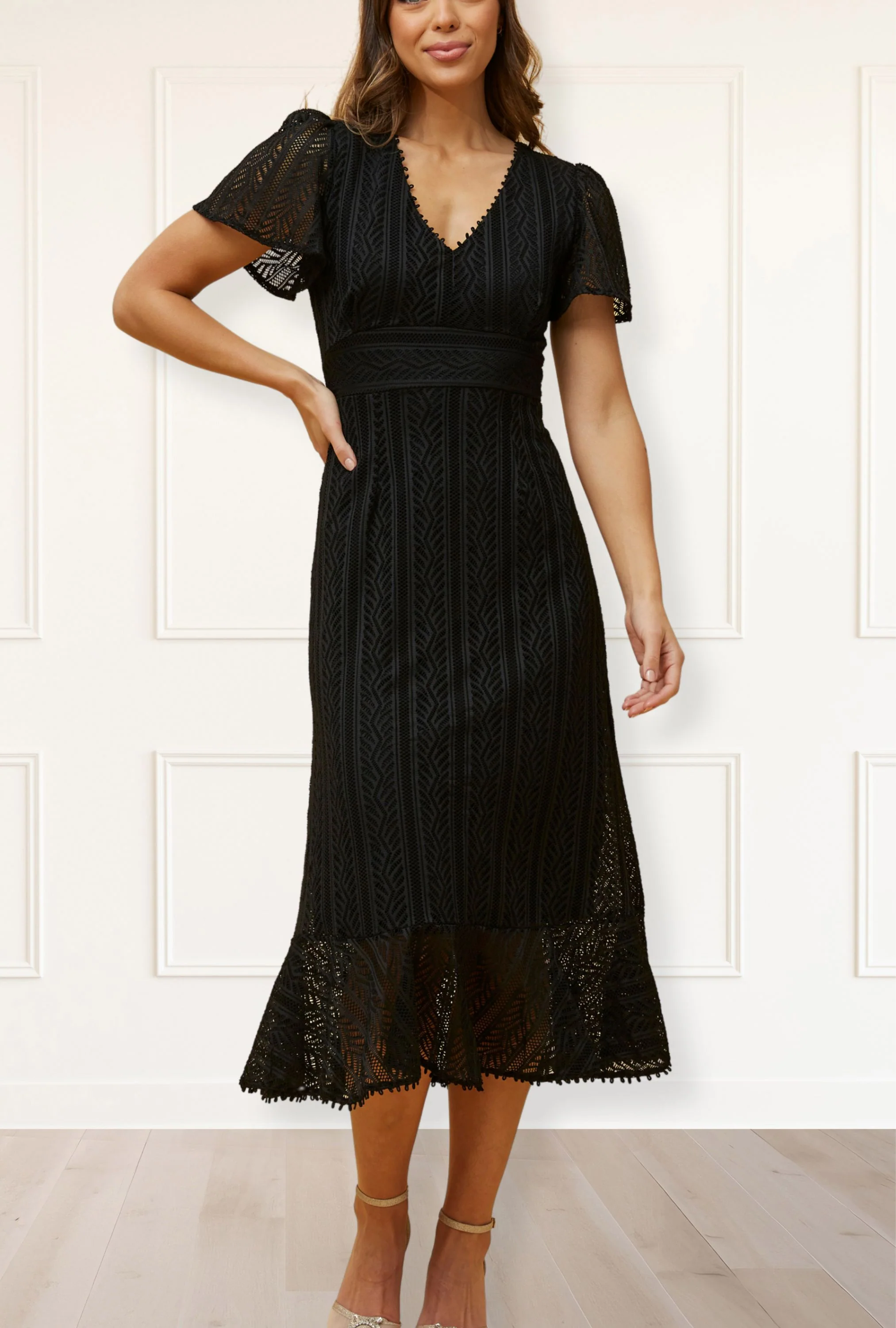 Bonnie Midi Dress Knit Lace Crochet V Neck Solid