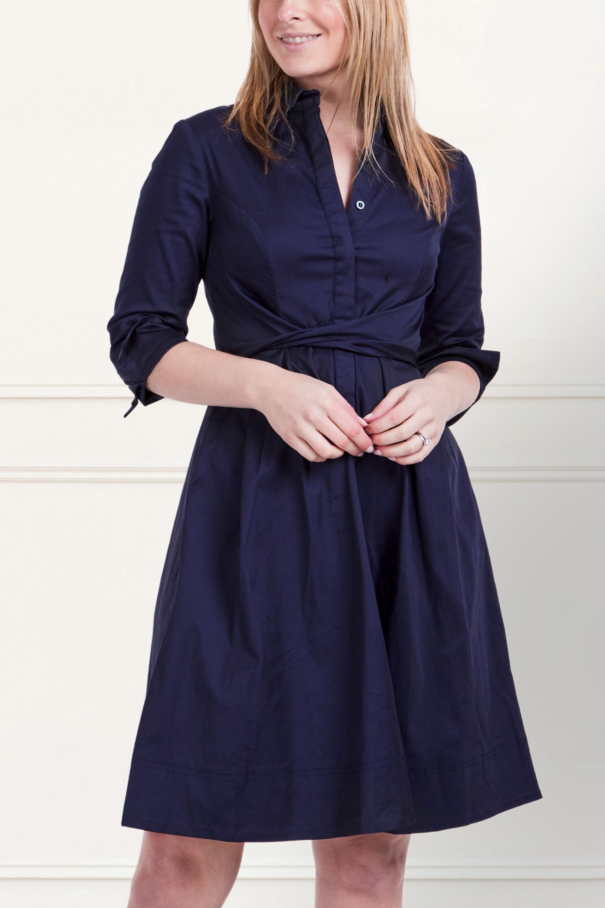 Tessa Shirt Dress Twist Waist Tie Pockets Cotton Navy