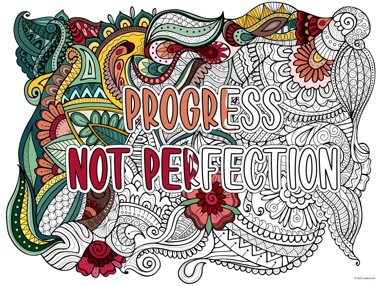 Large Inspirational Motivational Quote "Progress Not Perfection" Coloring Poster – Adult Coloring, Stress Relief, and DIY Motivational Home Decor