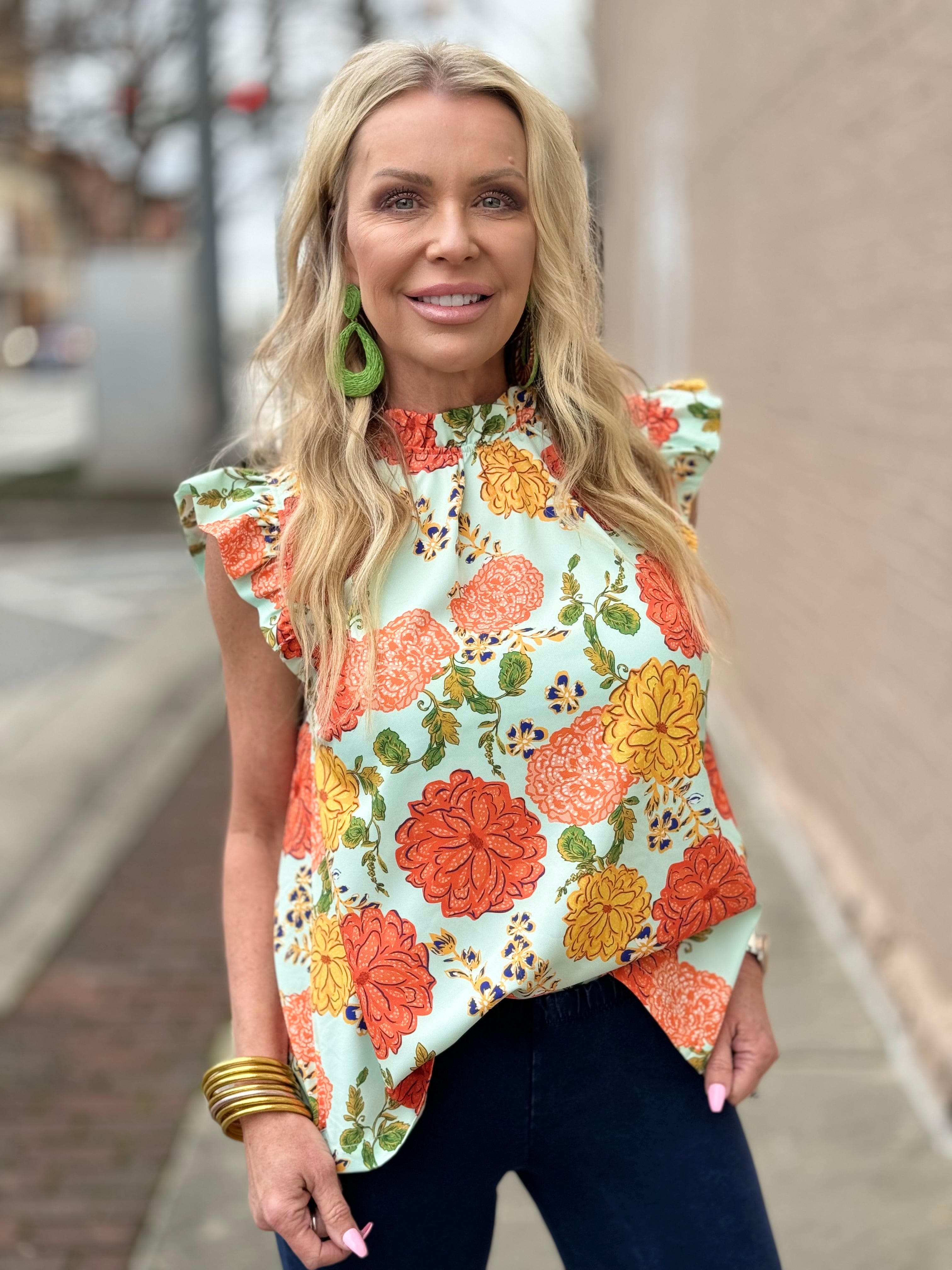 Floral Print Mock Neck Top