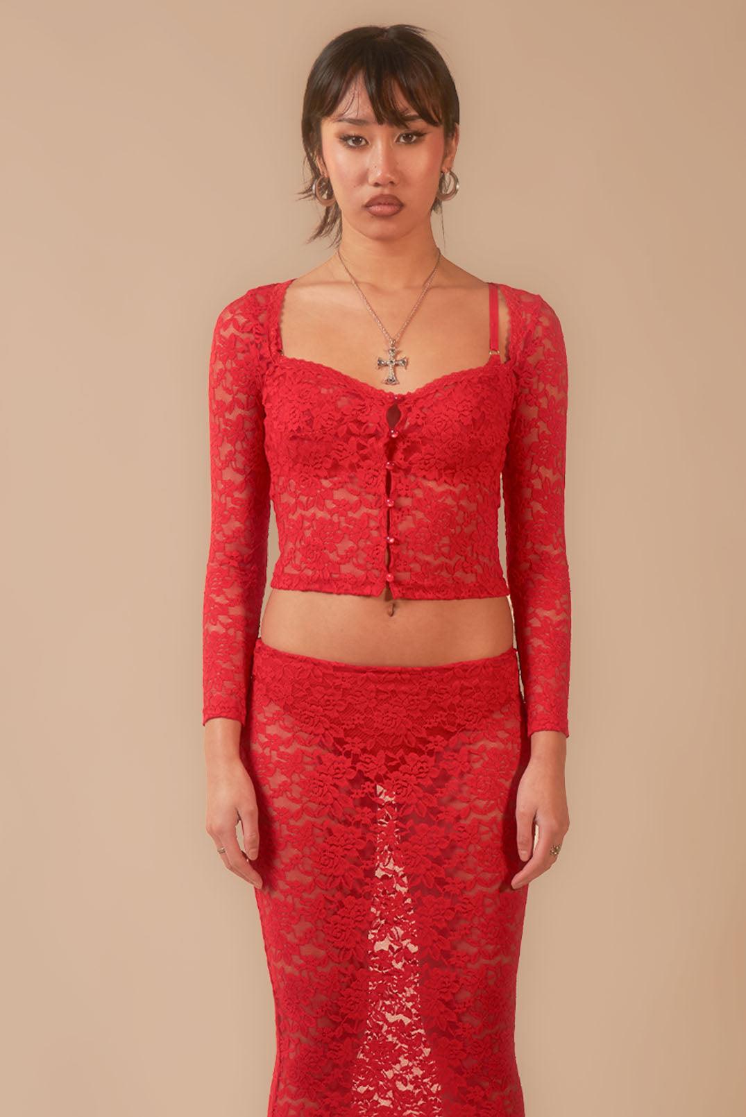 Red Sonja Lace Sheer Long Sleeve Button Top