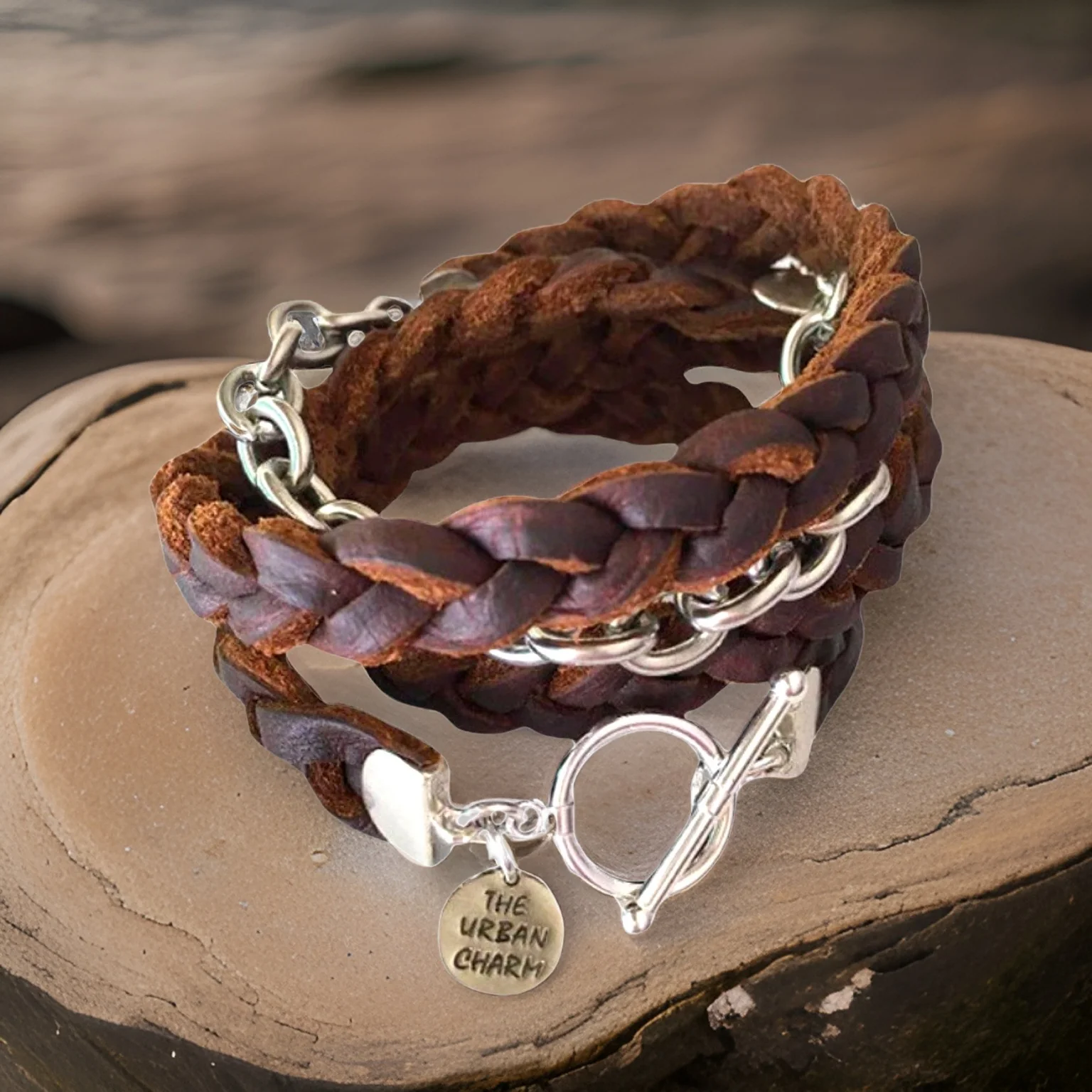 Brown Braided Four Wrap Genuine Leather Bracelet