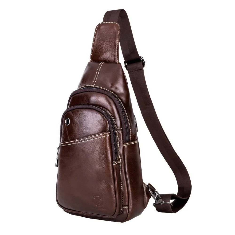 BULLCAPTAIN Men Sling Crossbody Bag Leather Shoulder Bags Chest Pack