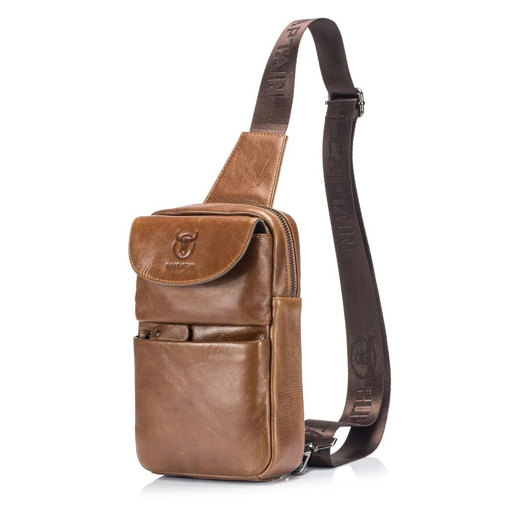 BULLCAPTAIN Genuine Leather Men Sling Chest Bag Crossbody Bags