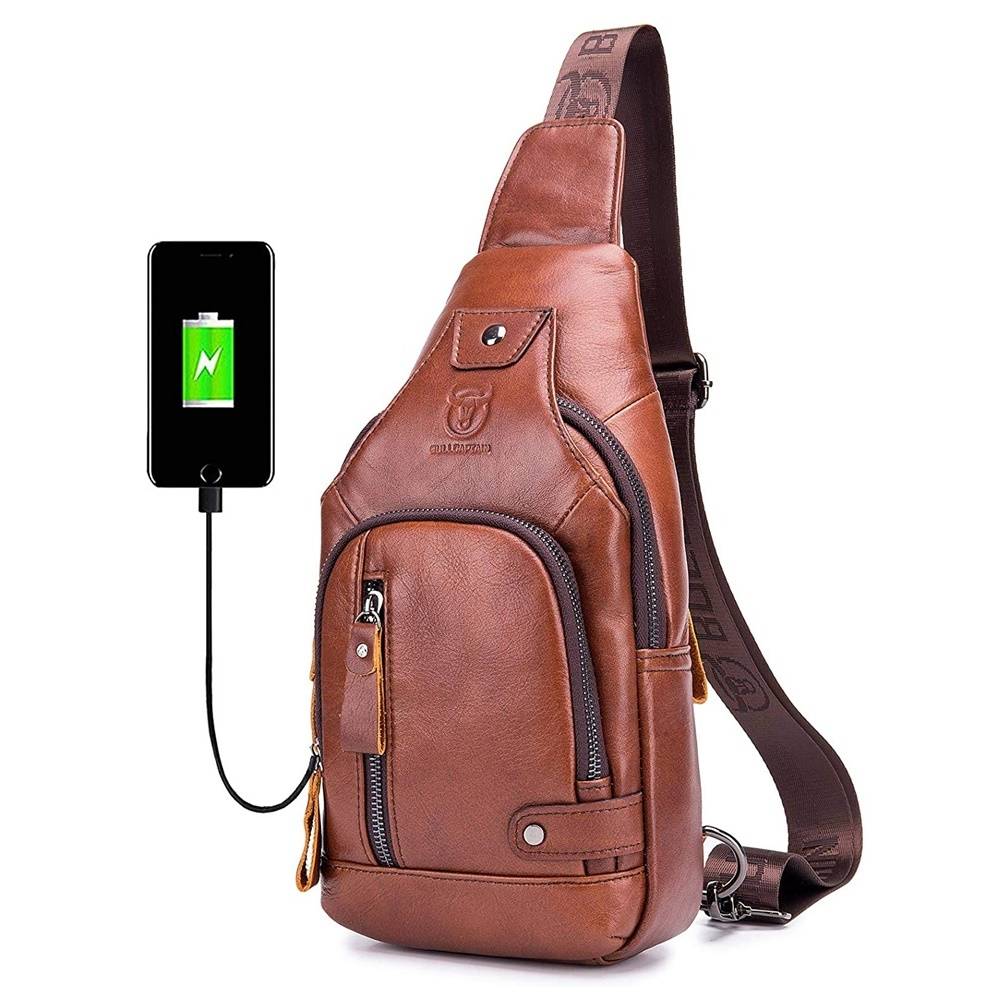 BULLCAPTAIN Leather Men Sling Bags Travel Crossbody Chest Bag Hiking with USB Charging Port