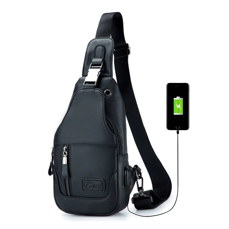 Leather Sling Bag Casual Mens Crossbody Chest Bag Travel Backpacks with USB Charging Port