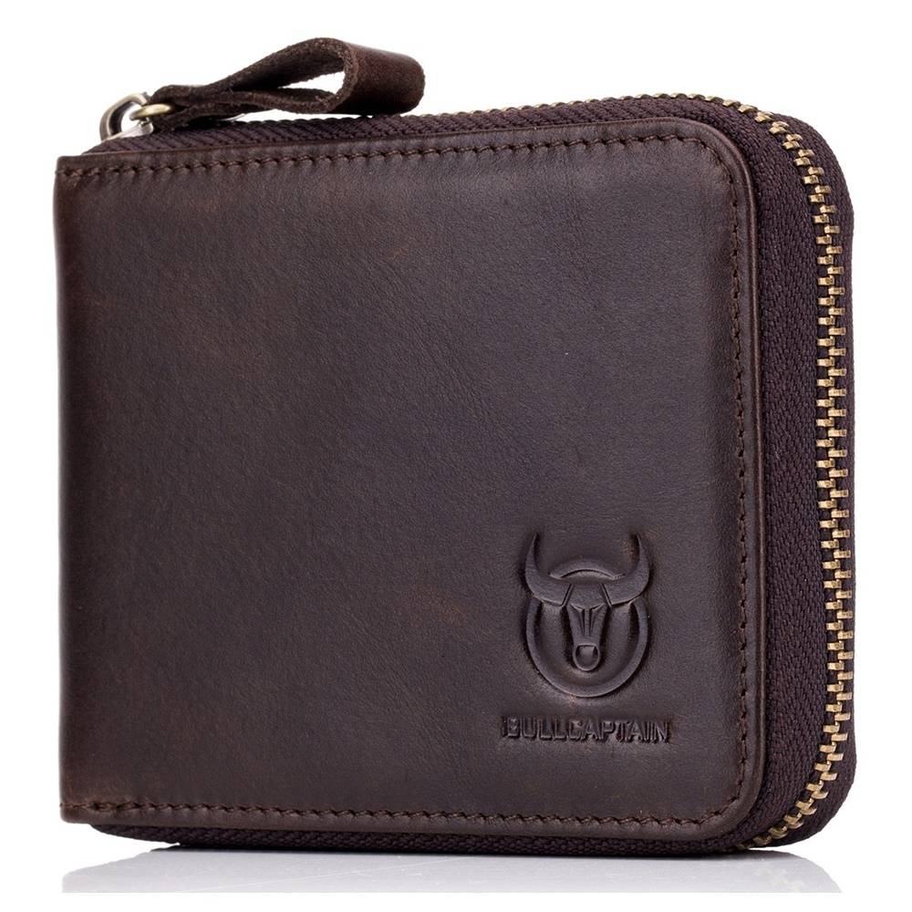 BULLCAPTAIN Leather Wallets for Men RFID Blocking Zipper Bifold Purse