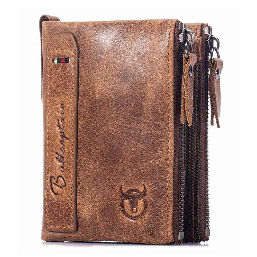 BULCAPTAIN Leather Bifold Men Rfid Wallet Double Zipper Purse