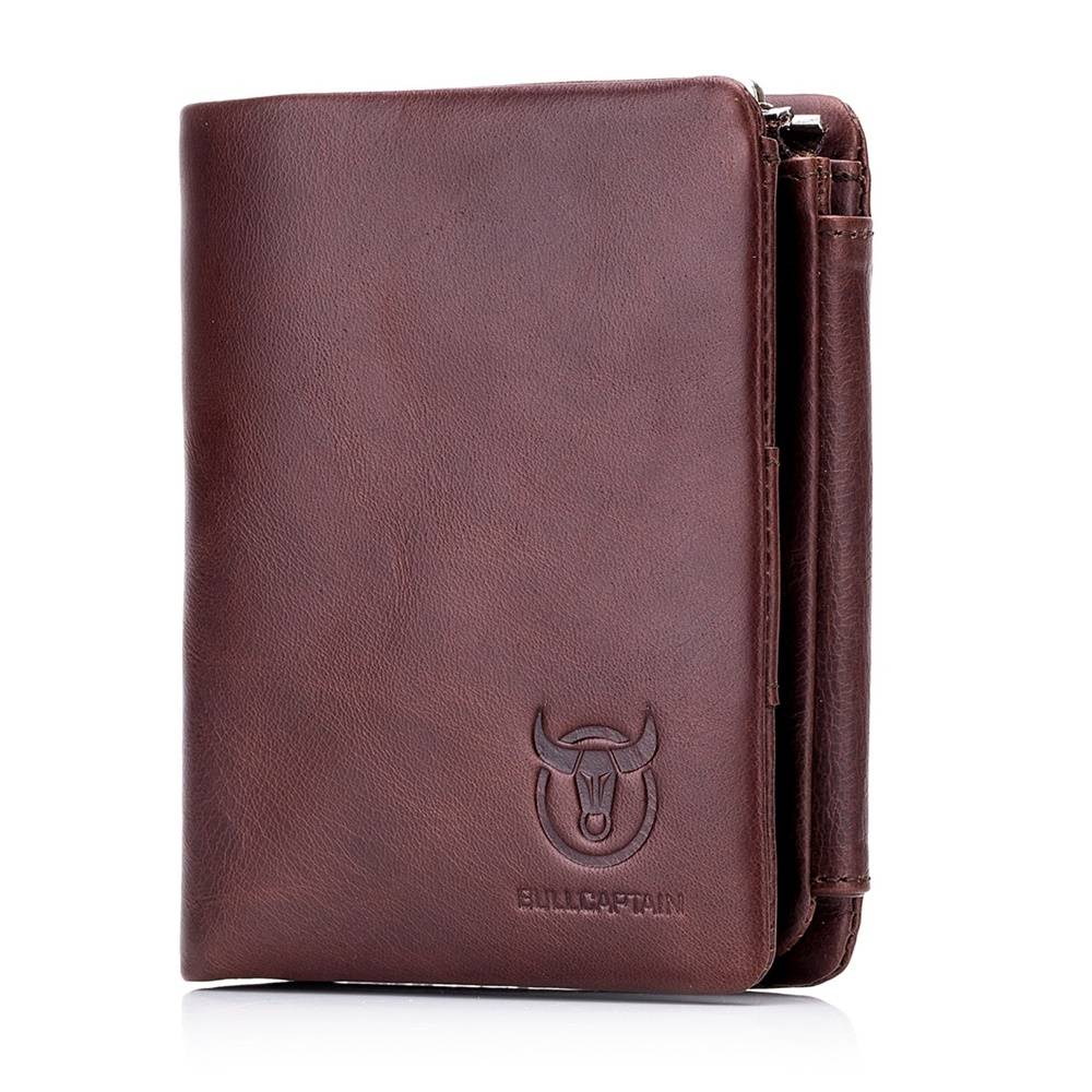 BULLCAPTAIN Leather Men's Trifold Wallet with Coin Pocket Business Purse