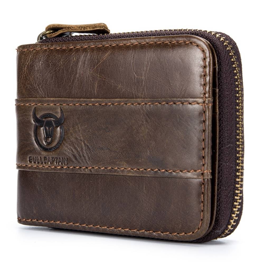 BULLCAPTAIN Leather Men Wallet Zipper RFID Blocking Coin Purse Bifold