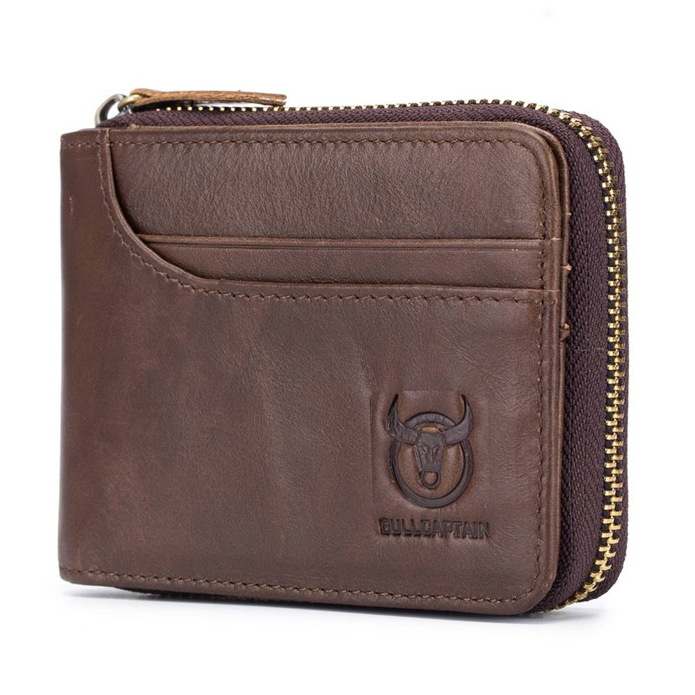 BULLCAPTAIN Men Leather Wallet RFID Blocking Bifold Zipper Coin Purse