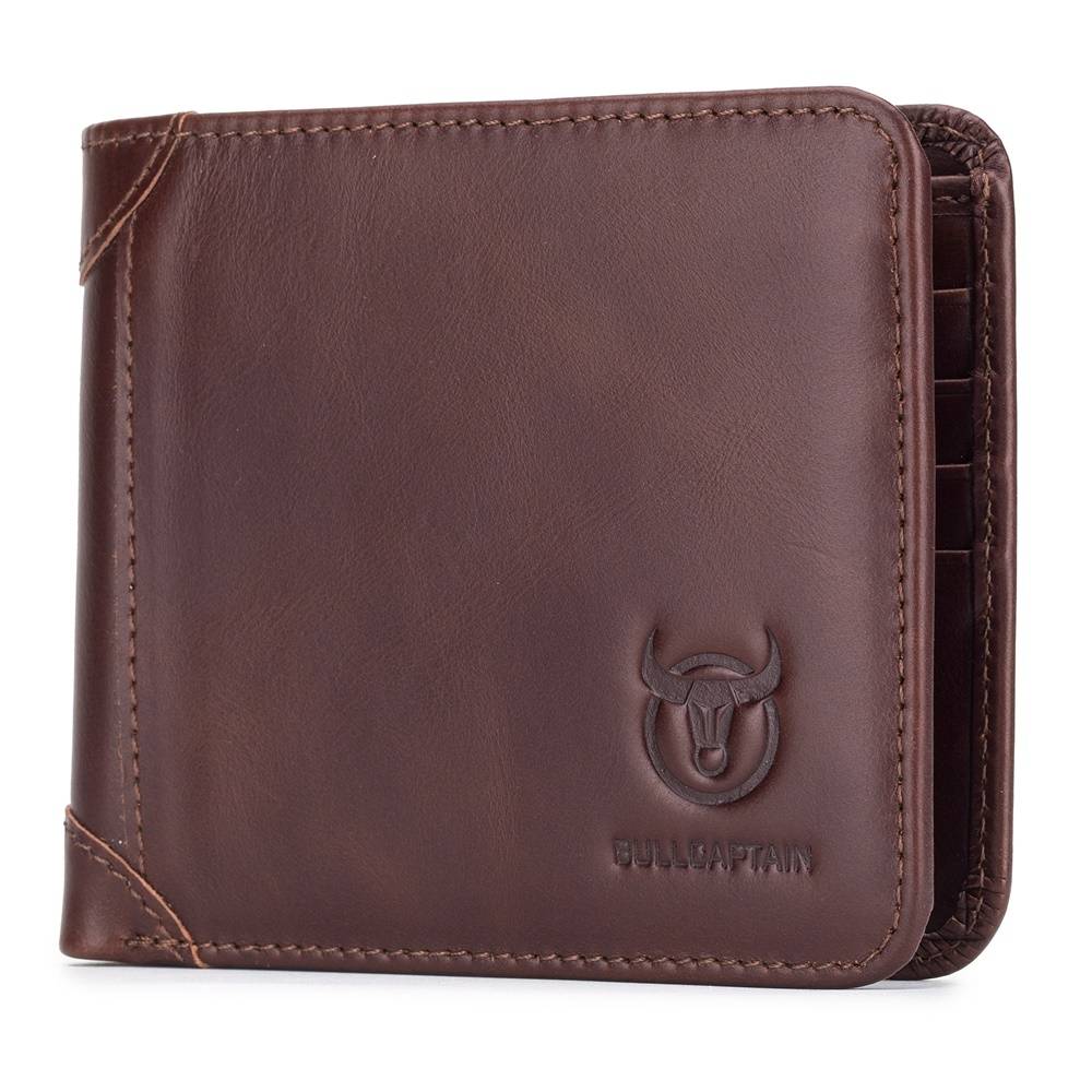 BULLCAPTAIN Cowhide Leather Men Trifold RFID Wallet Slim with 2 ID Windows Bull Captain