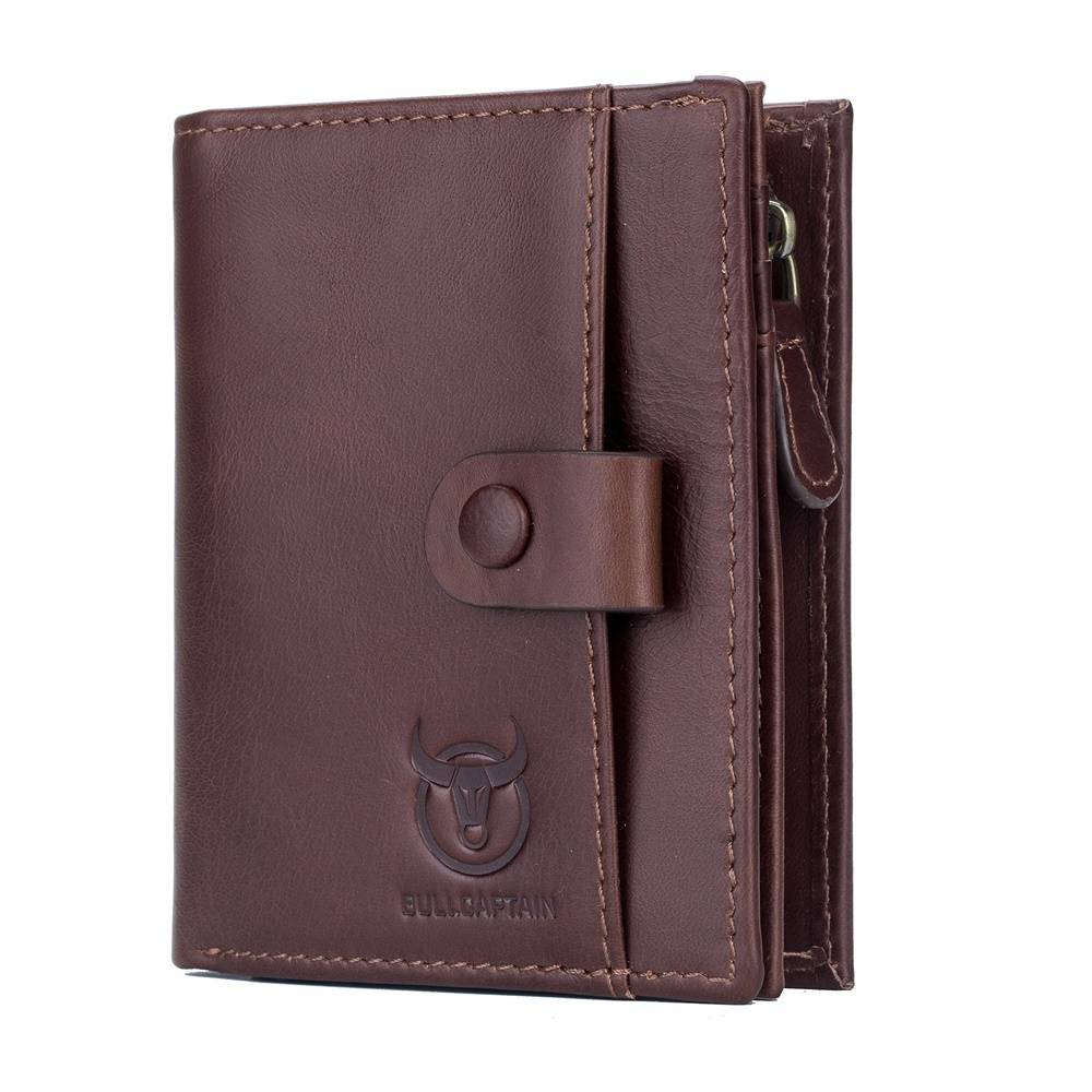 BULLCAPTAIN Men's Genuine Leather Short Bifold Wallet with Zipper Purse