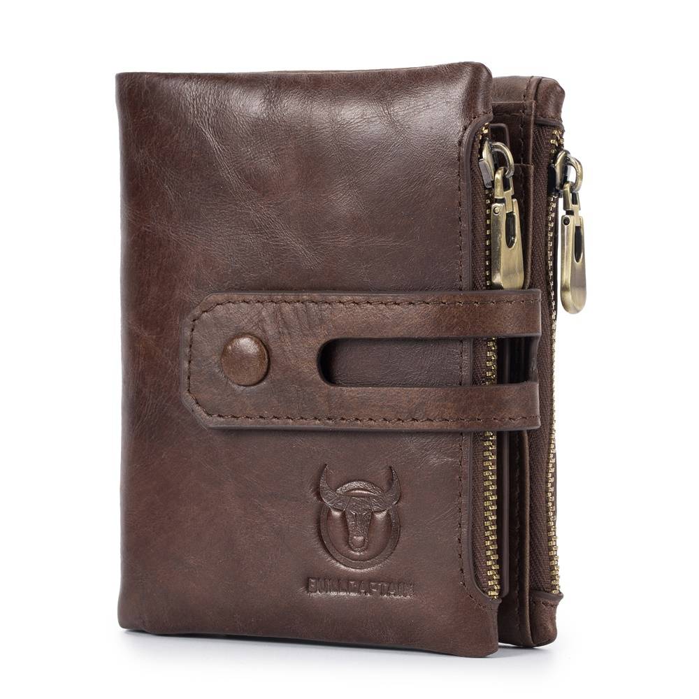 BULLCAPTAIN Leather Men Bifold Wallet with Double Zipper Coin Purse