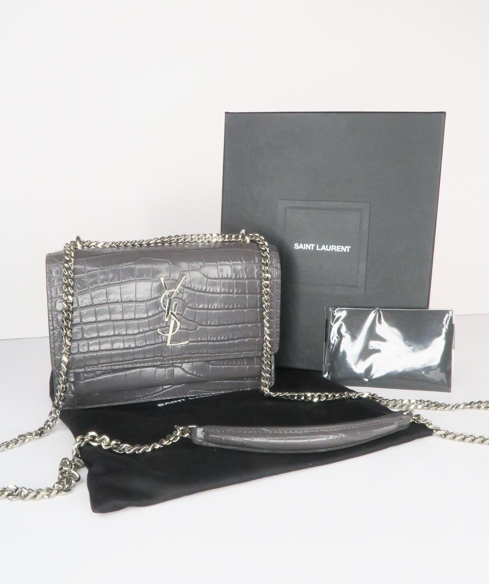 SAINT LAURENT Grey Sunset Croc Embossed Mini Grey Leather Shoulder Bag