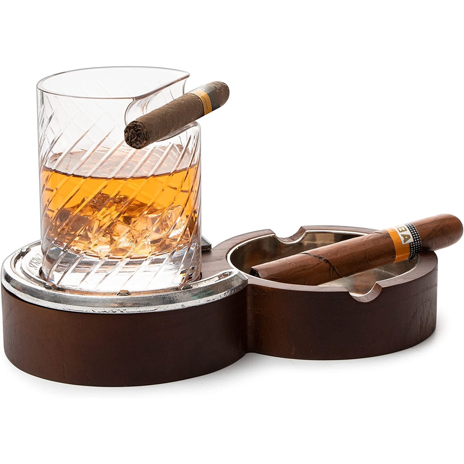 Horseshoe Cigar Coaster & Ashtray with A Crystal Whiskey Cigar Glass In A Leather Case